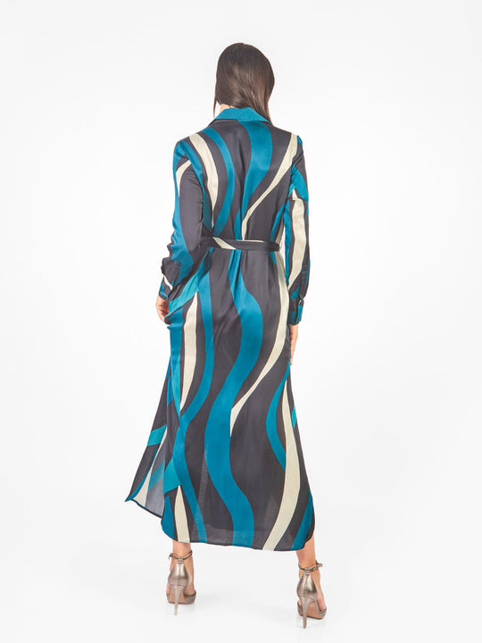 Vestido maxi camisero estampado ondas lazo cinturón