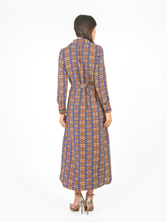 Vestido maxi camisero estampado geométrico lazo cinturón