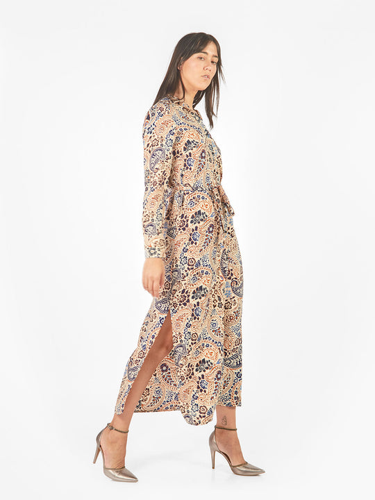 Vestido maxi camisero estampado geométrico lazo cinturón