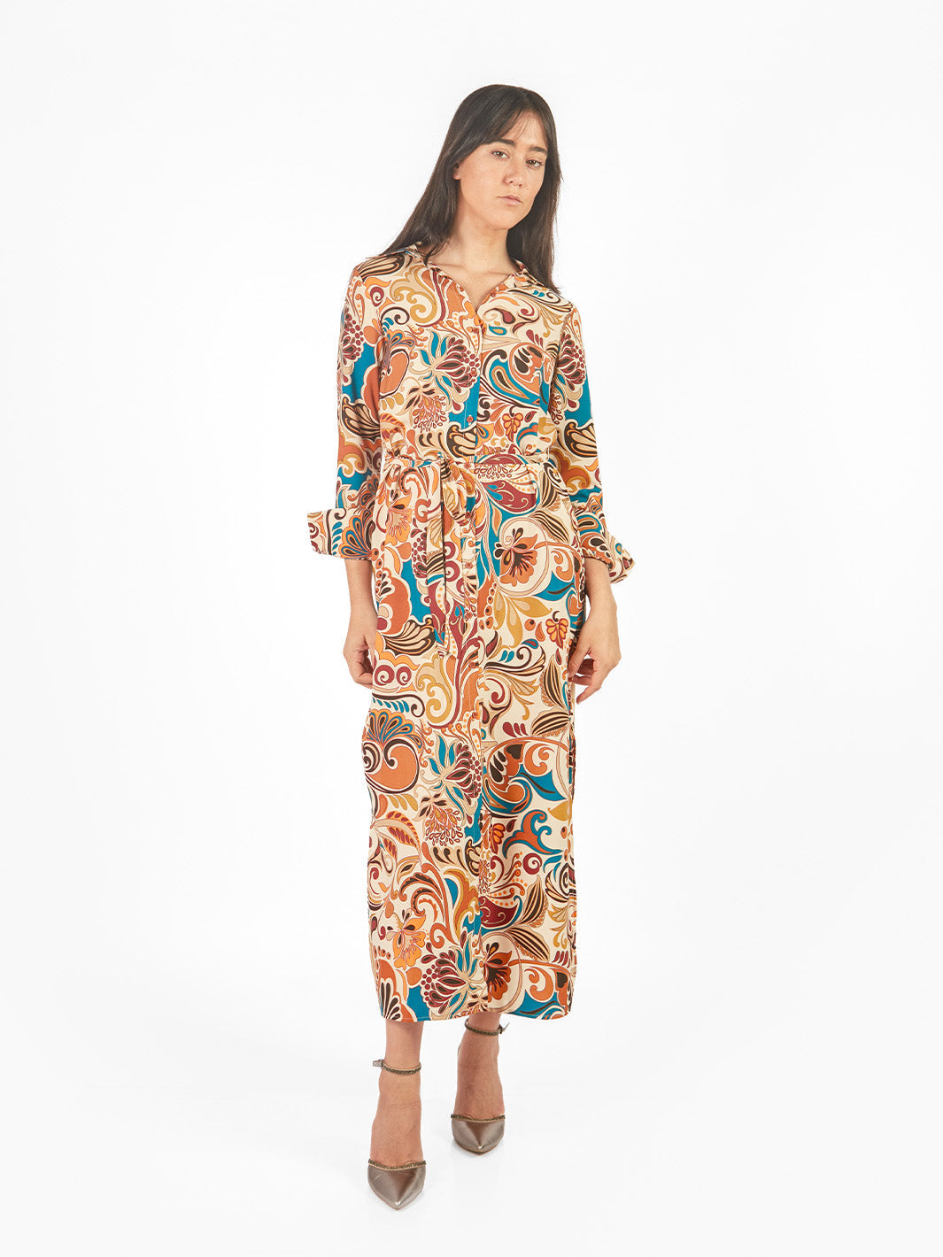 Vestido maxi camisero estampado geométrico lazo cinturón