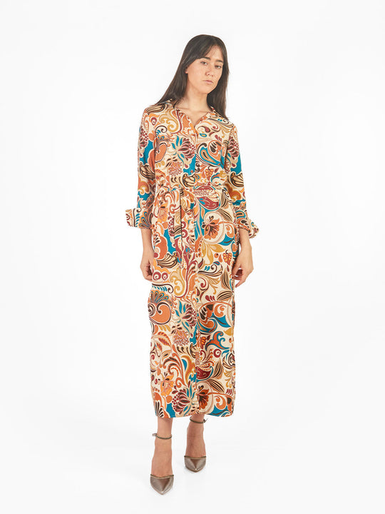 Vestido maxi camisero estampado geométrico lazo cinturón