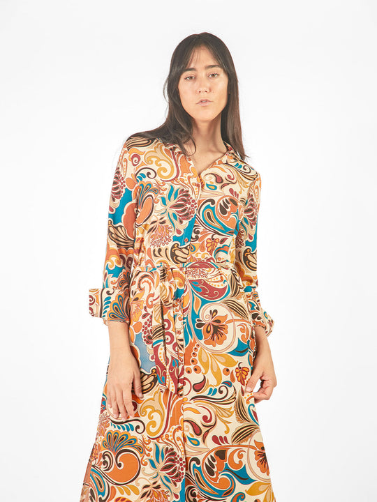 Vestido maxi camisero estampado geométrico lazo cinturón