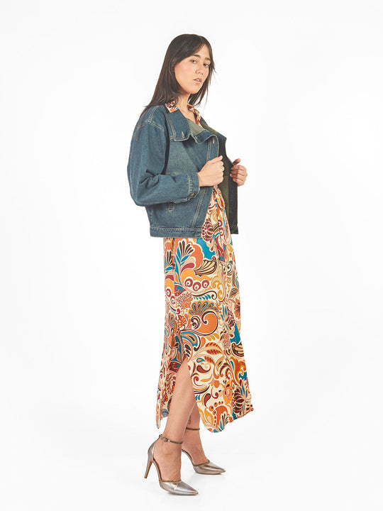 Vestido maxi camisero estampado geométrico lazo cinturón