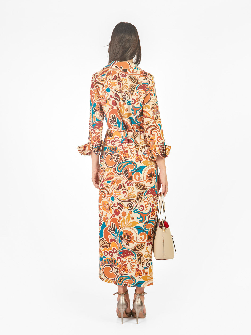 Vestido maxi camisero estampado geométrico lazo cinturón