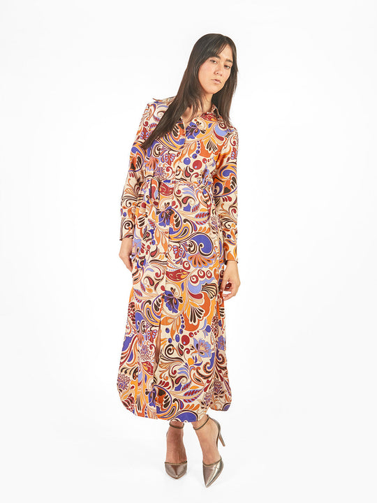 Vestido maxi camisero estampado geométrico lazo cinturón