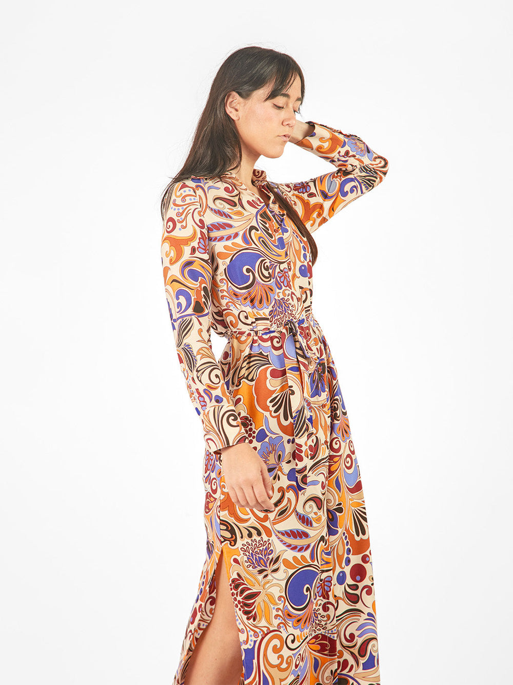 Vestido maxi camisero estampado geométrico lazo cinturón Teja