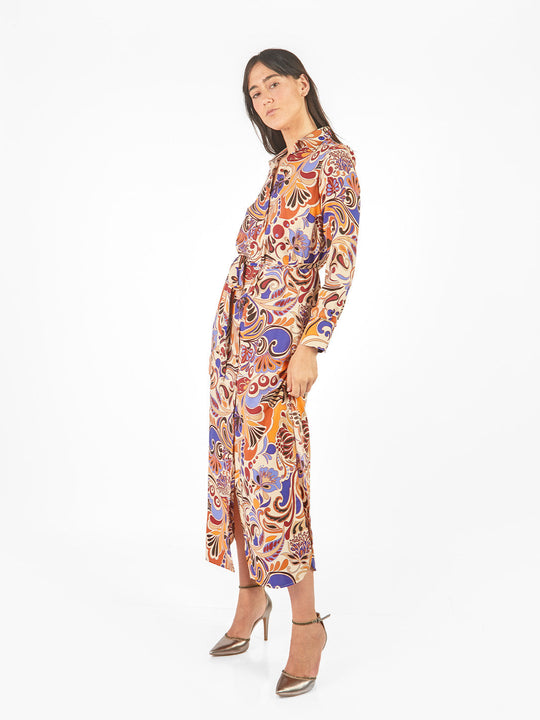 Vestido maxi camisero estampado geométrico lazo cinturón