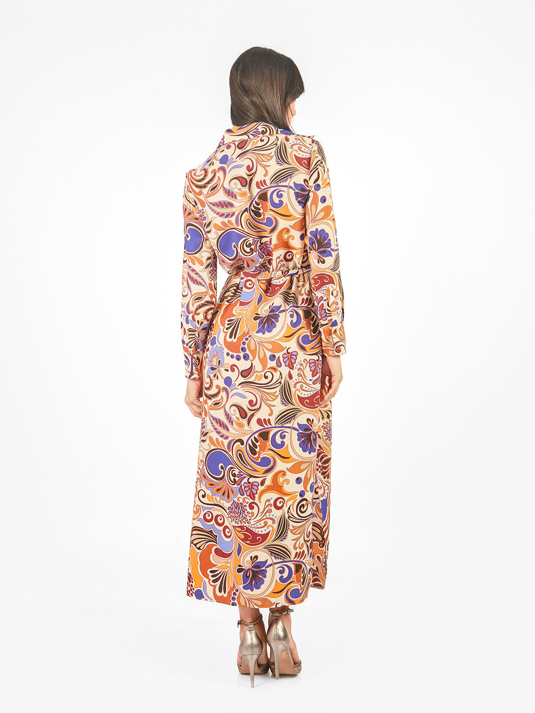 Vestido maxi camisero estampado geométrico lazo cinturón