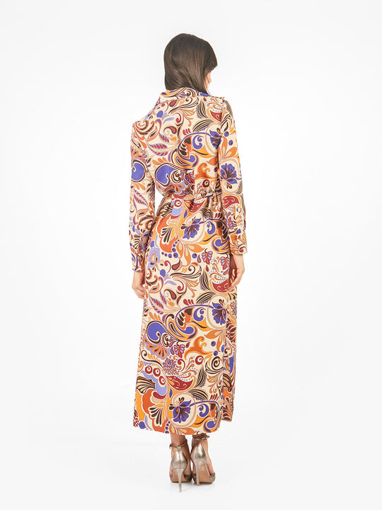 Vestido maxi camisero estampado geométrico lazo cinturón