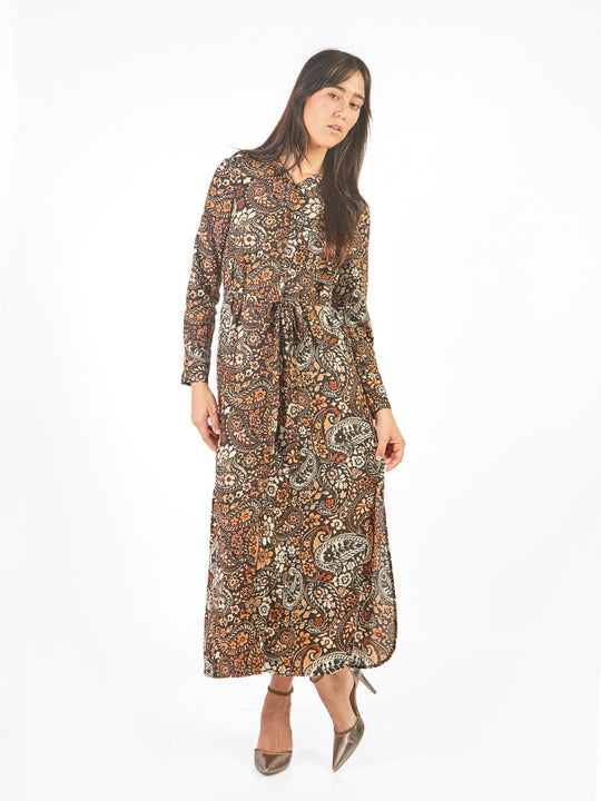 Vestido maxi camisero estampado geométrico lazo cinturón
