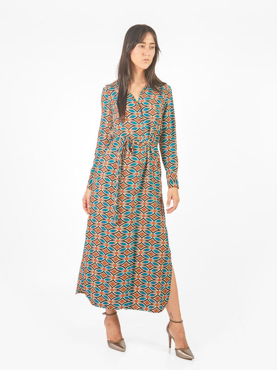 Vestido maxi camisero estampado geométrico lazo cinturón