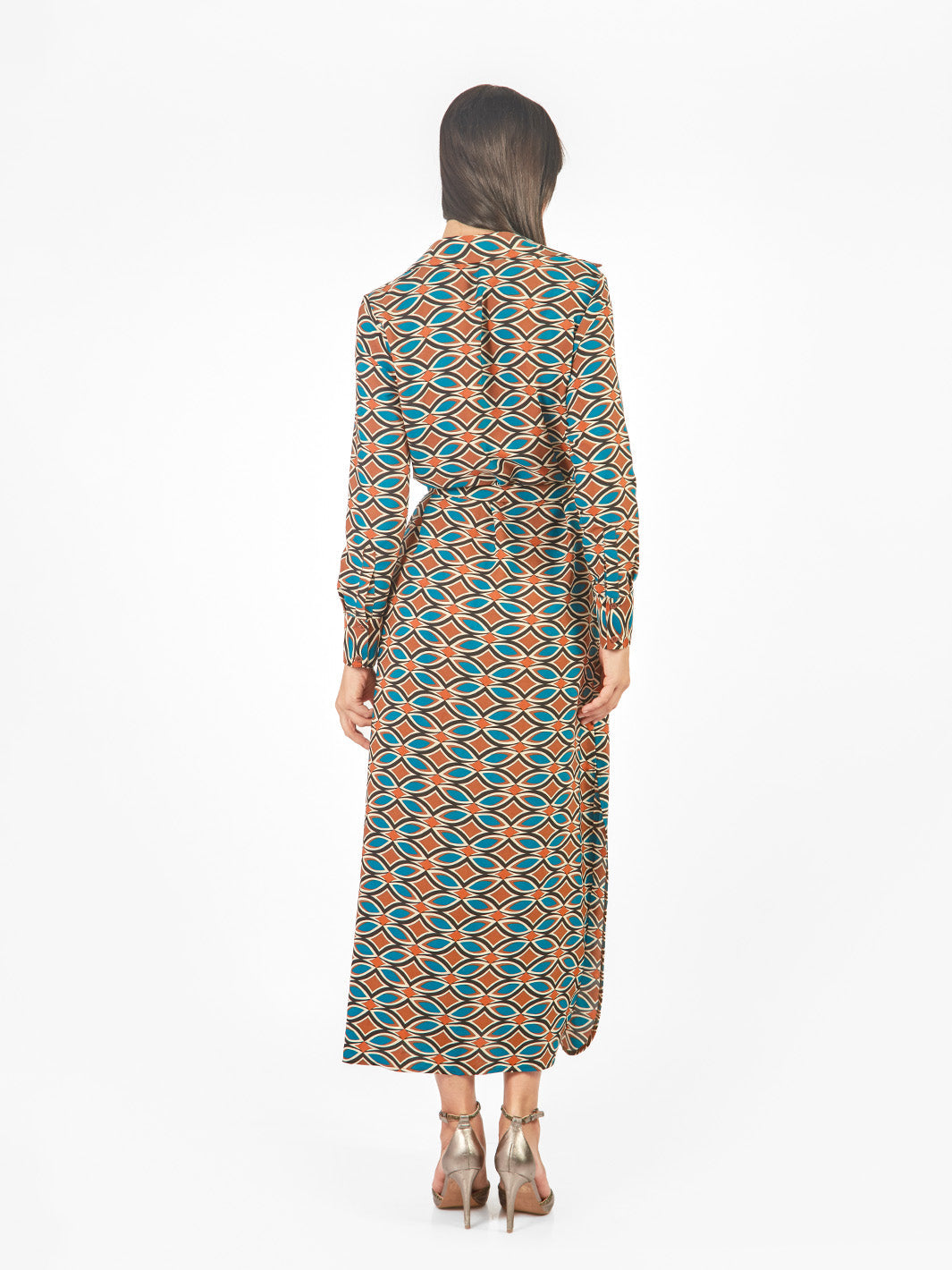 Vestido maxi camisero estampado geométrico lazo cinturón