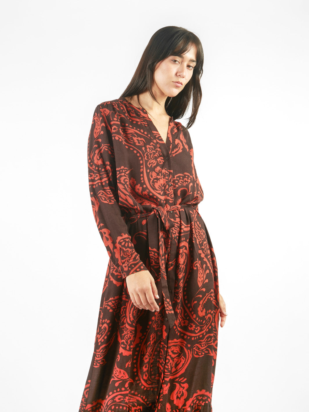 Vestido maxi camisero estampado floral lazo cinturón