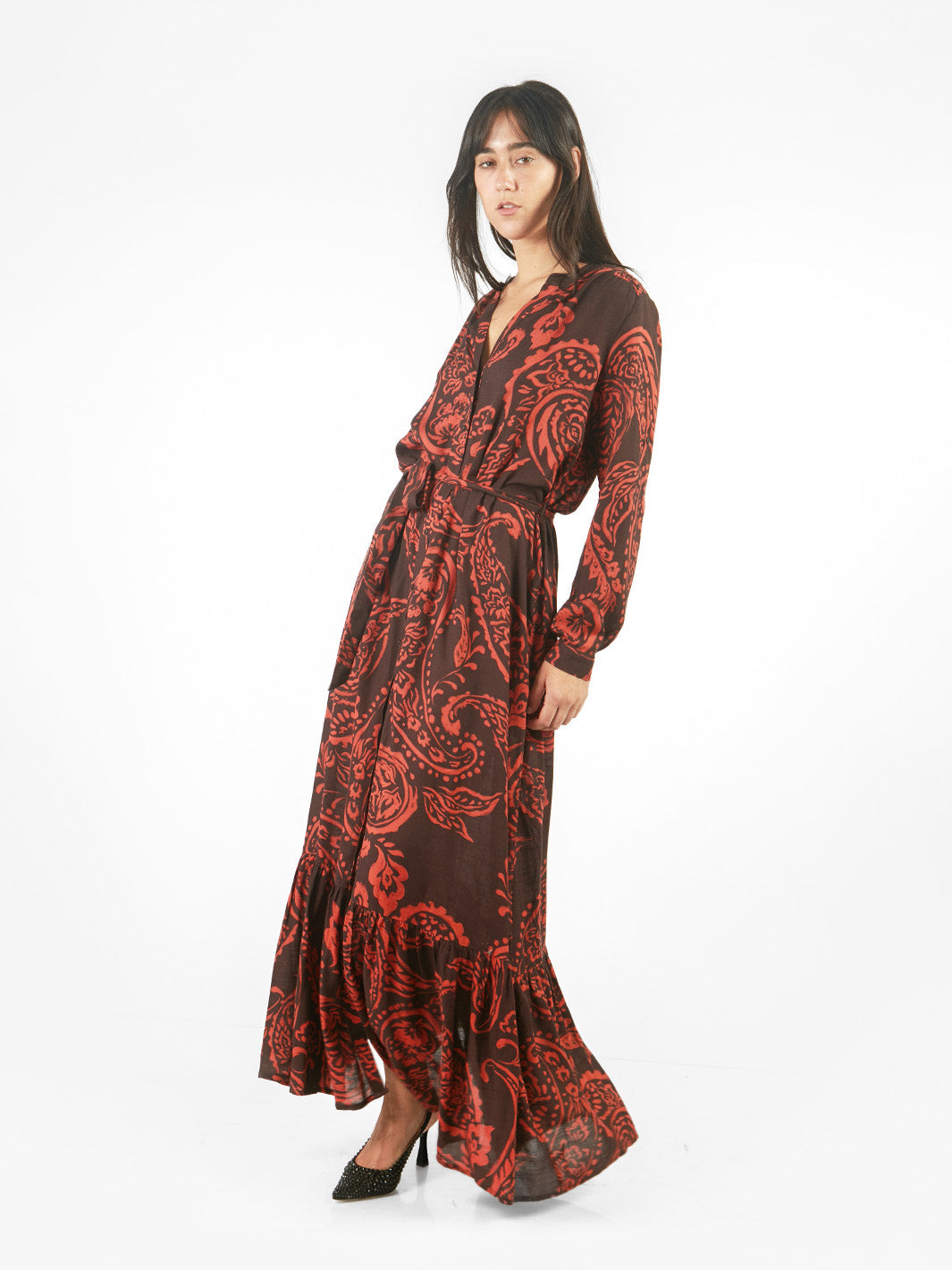 Vestido maxi camisero estampado floral lazo cinturón