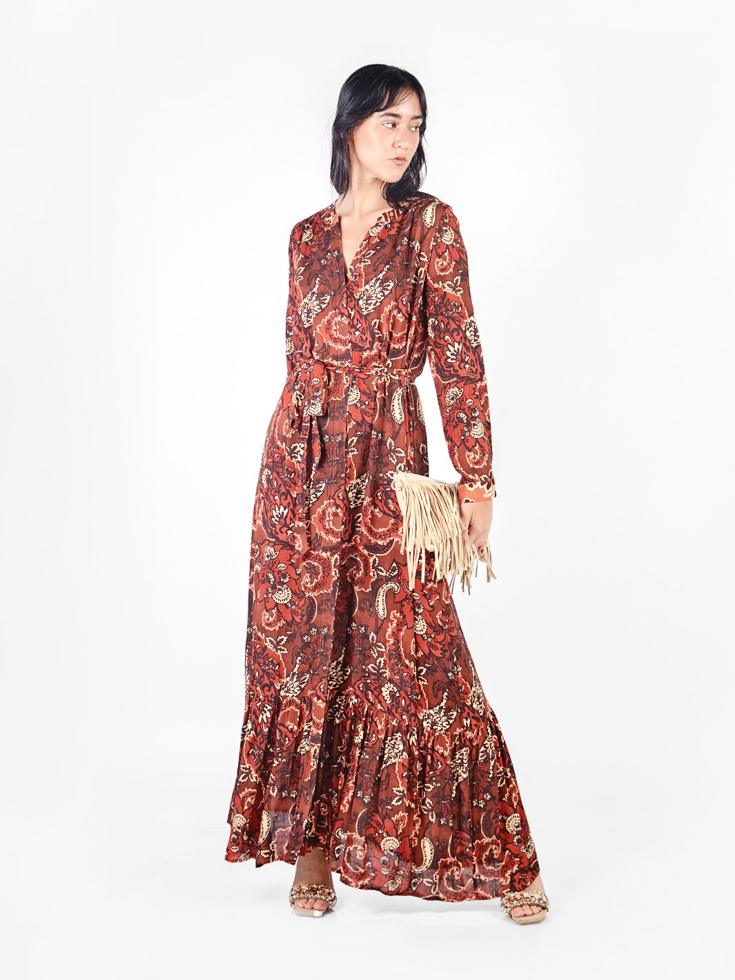 Vestido maxi camisero estampado floral lazo cinturón