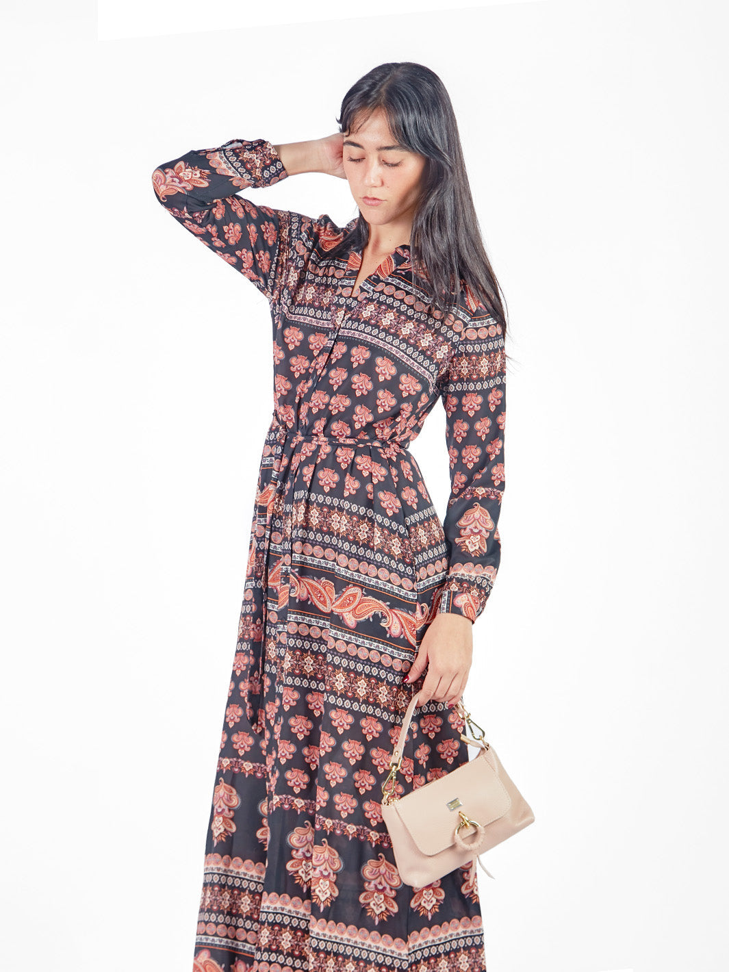 Vestido maxi estampado boho lazo cinturón