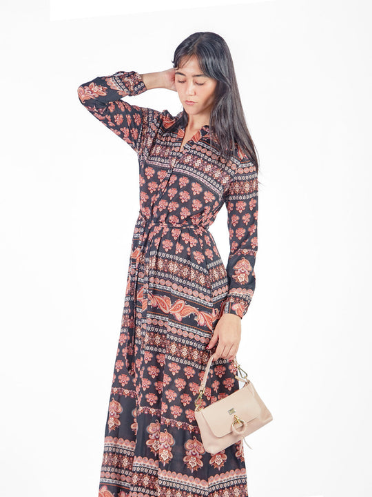 Vestido maxi estampado boho lazo cinturón