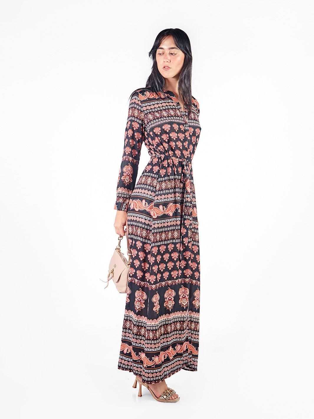 Vestido maxi estampado boho lazo cinturón