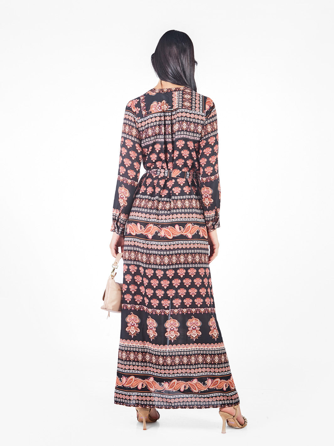 Vestido maxi estampado boho lazo cinturón