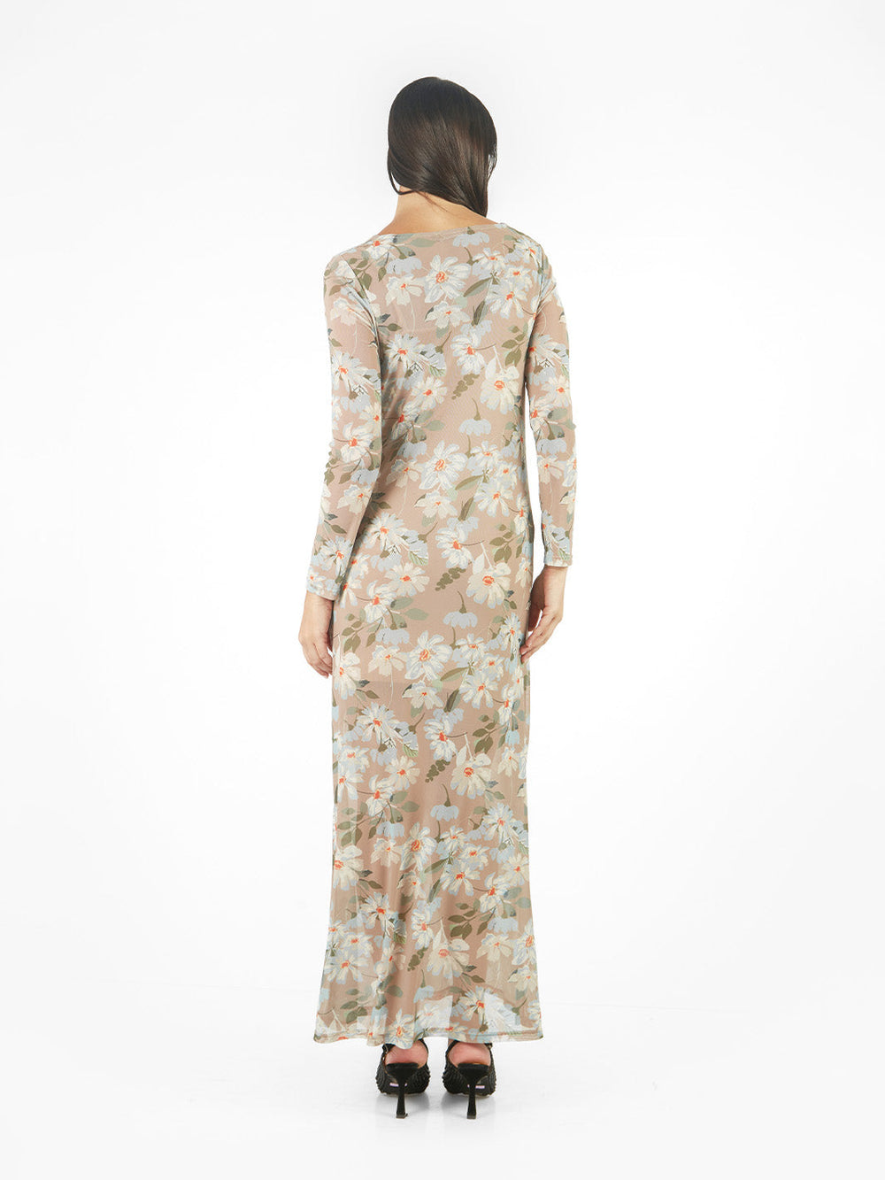 Vestido maxi de mesh con escote caída de agua Beige