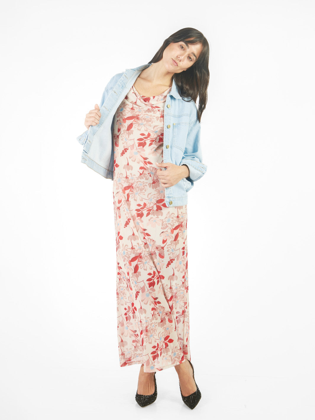 Vestido maxi de mesh con escote caída de agua