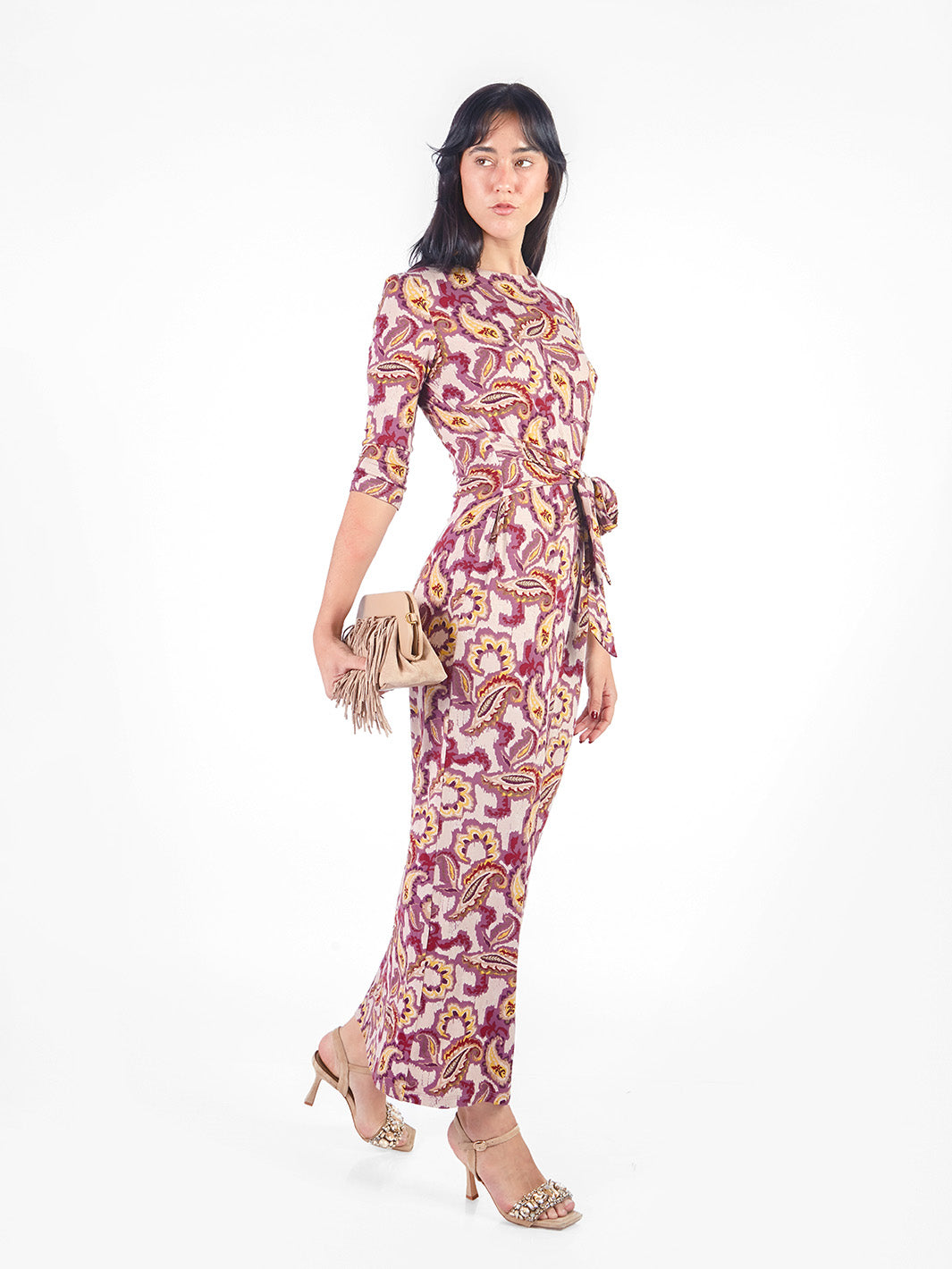 Vestido largo manga 3/4 con lazo
