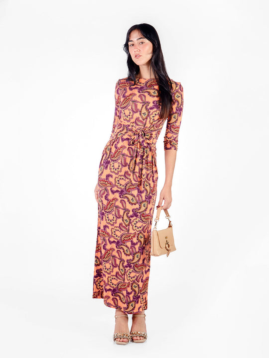 Vestido largo manga 3/4 con lazo