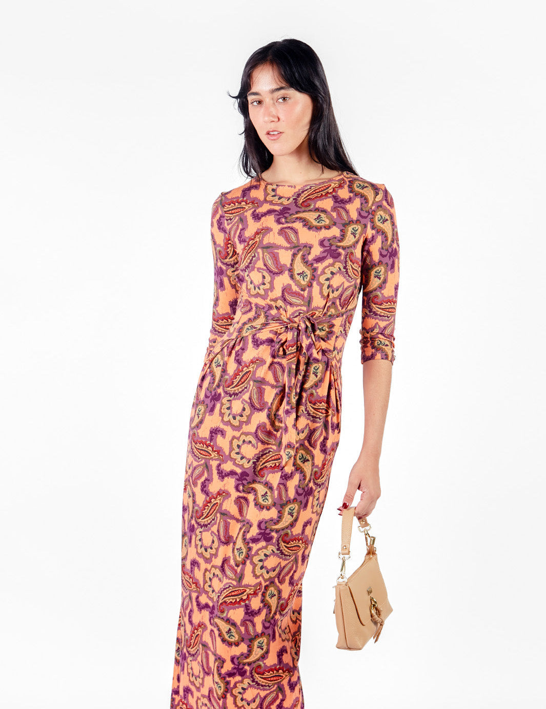 Vestido largo manga 3/4 con lazo Melon