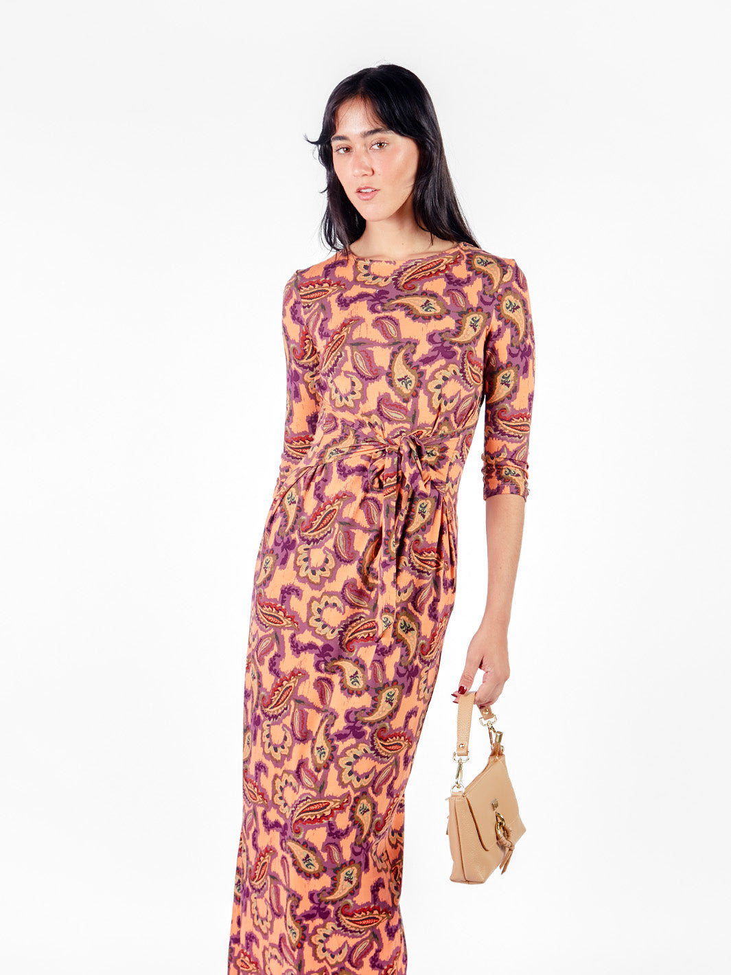 Vestido largo manga 3/4 con lazo
