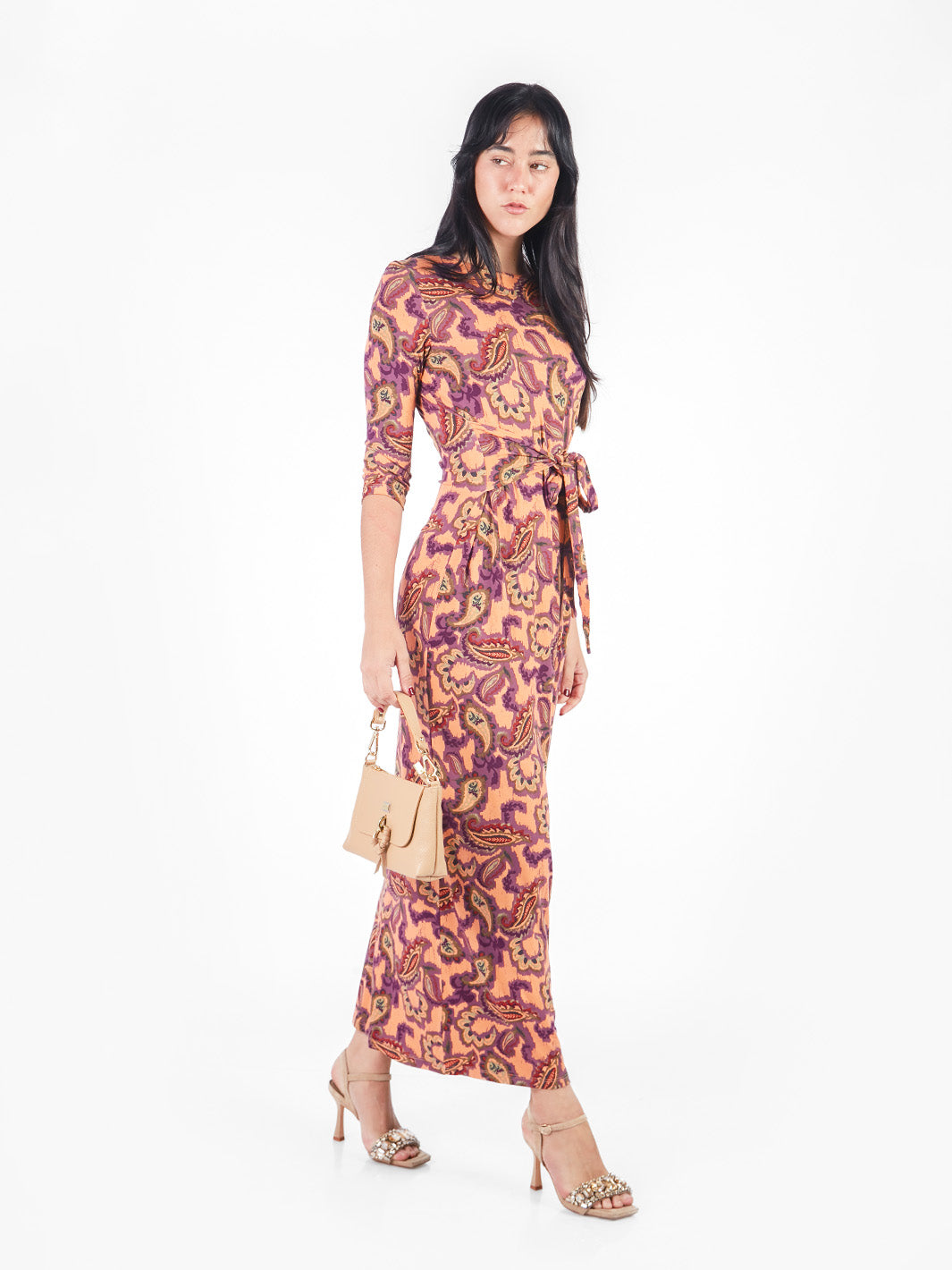 Vestido largo manga 3/4 con lazo