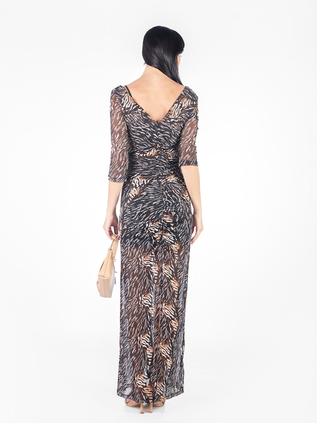 Vestido mesh manga 3/4 con escote en V y corrugado