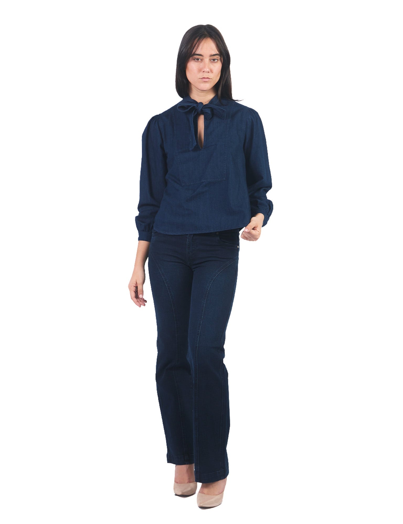 Blusa Manga Larga De Denim Con Lazo
