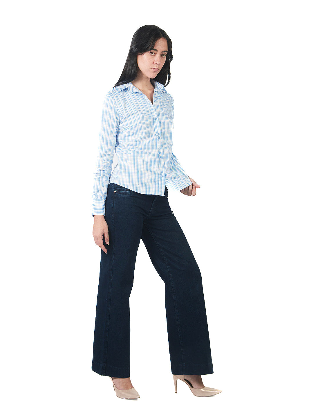 Blusa Manga Larga De Cuello Camisero A Cuadros CELESTE