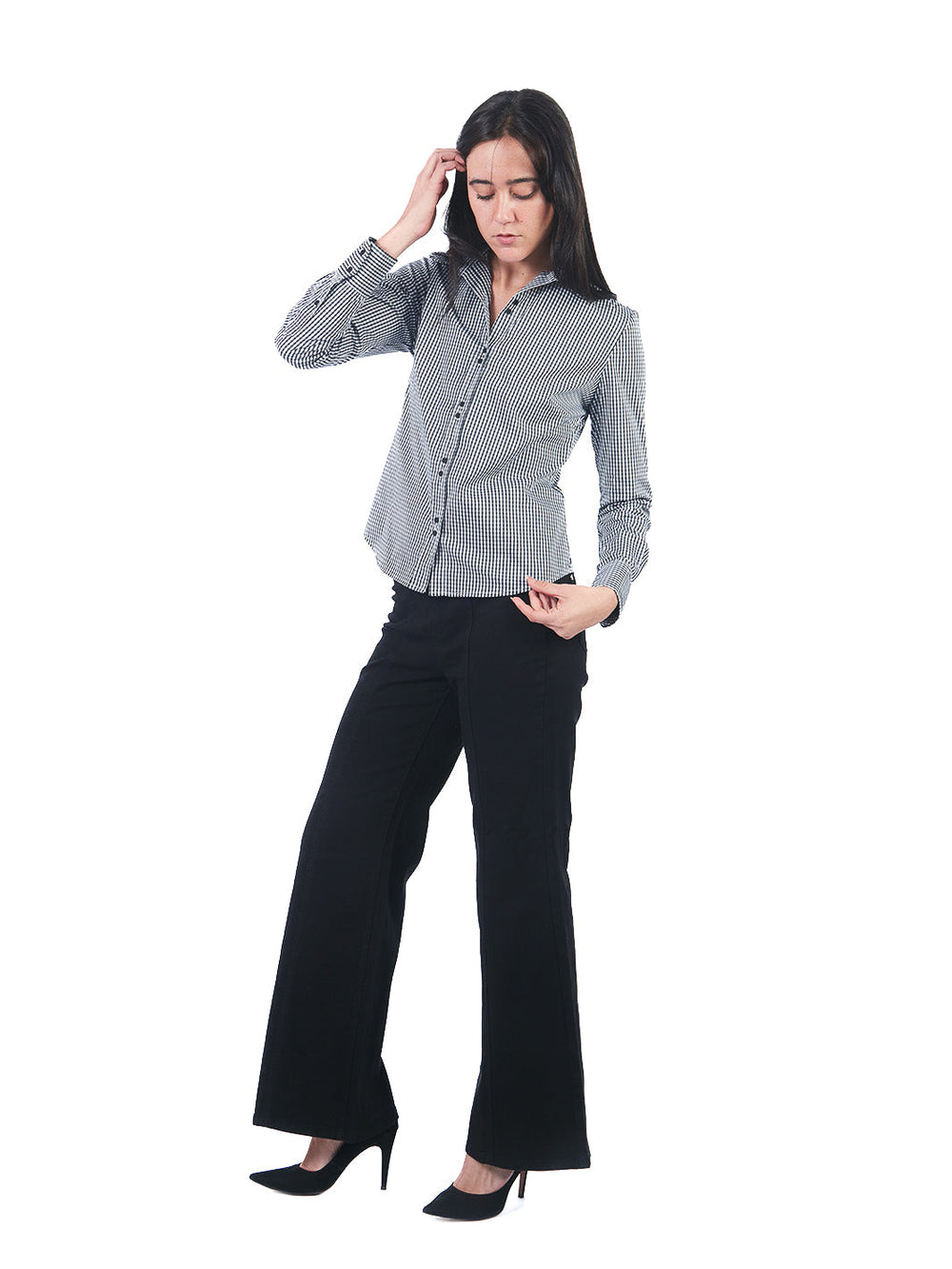 Blusa Manga Larga De Cuello Camisero A Cuadros NEGRO