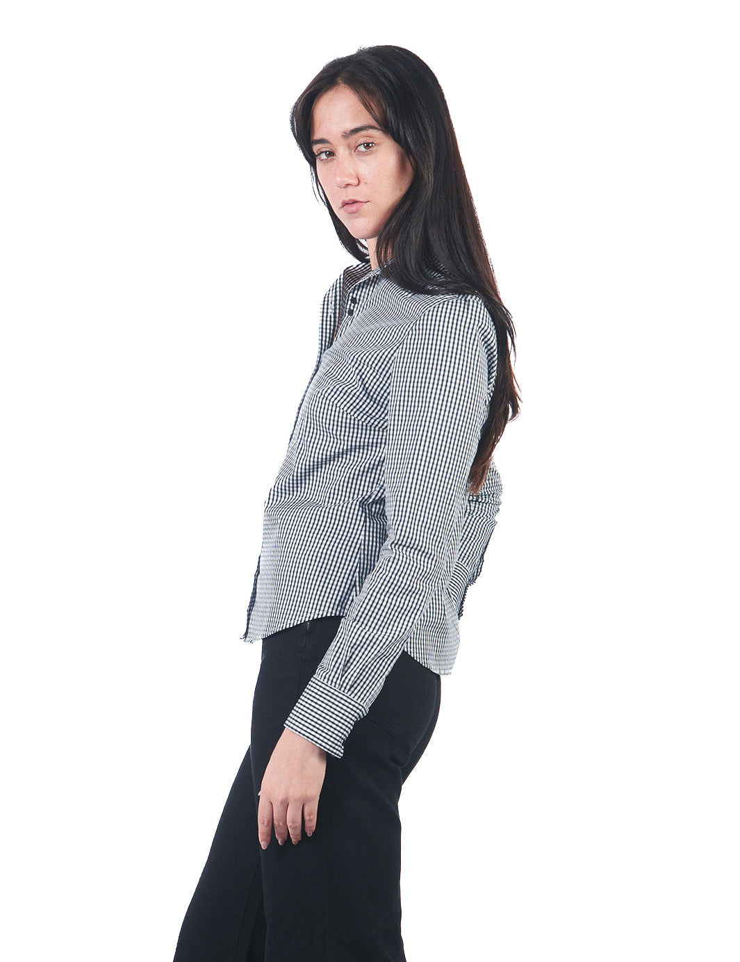 Blusa Manga Larga De Cuello Camisero A Cuadros NEGRO