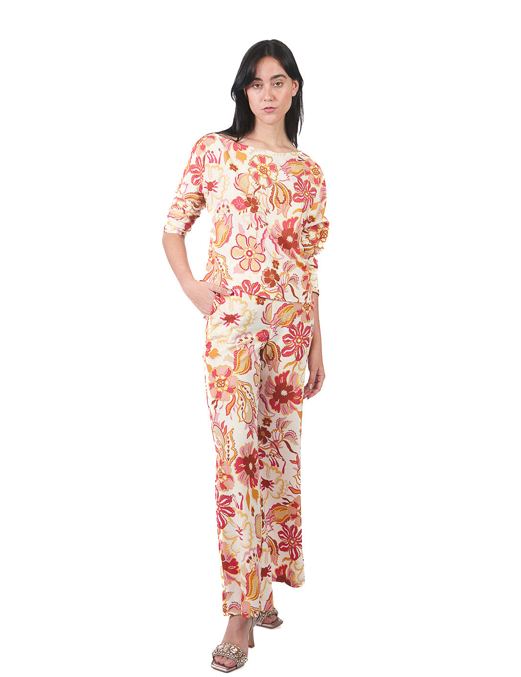 Blusa asimétrica manga 7/8 estampada FUCSIA