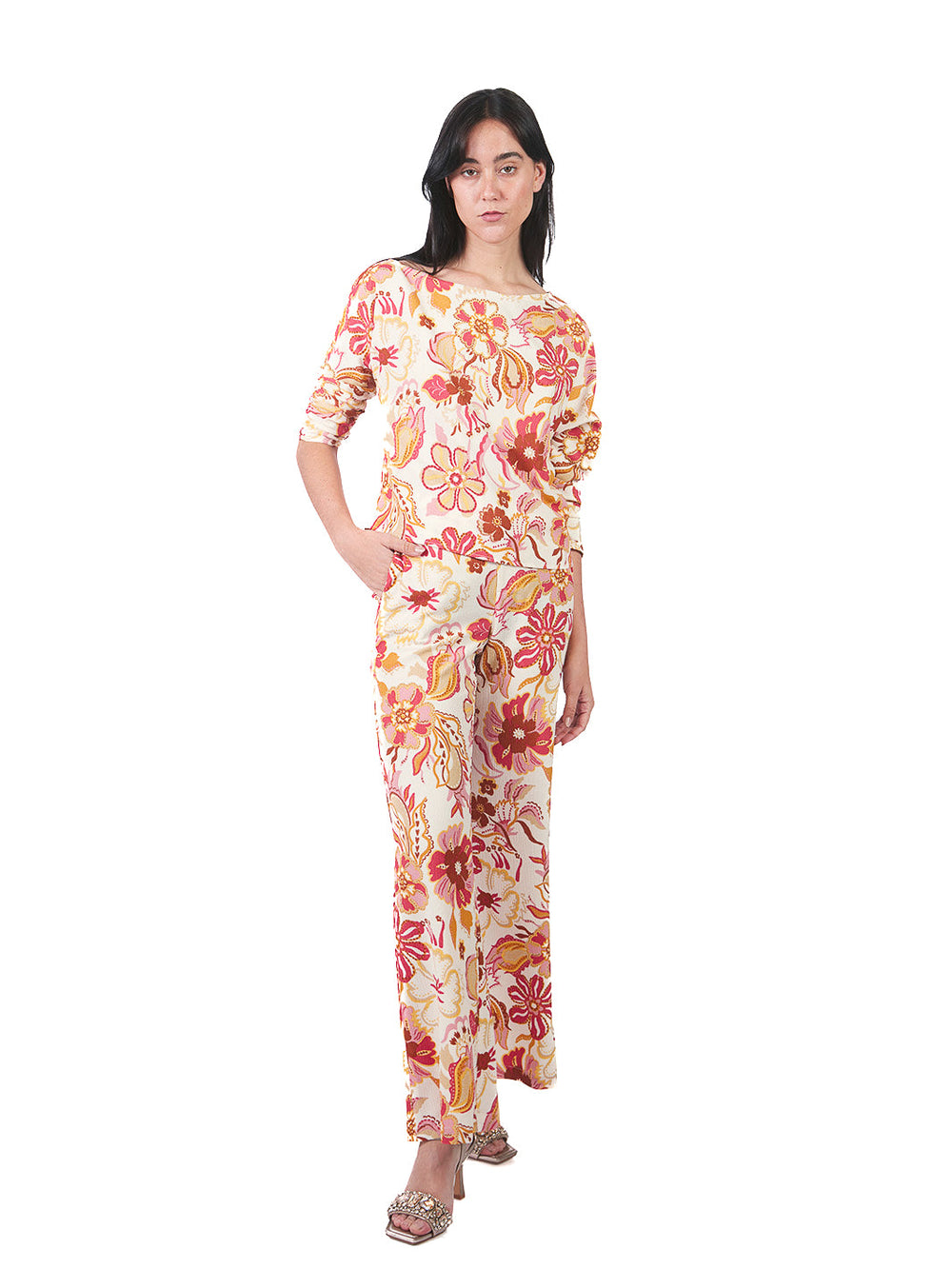 Blusa asimétrica manga 7/8 estampada FUCSIA