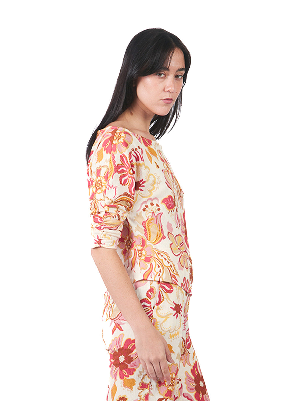 Blusa asimétrica manga 7/8 estampada FUCSIA