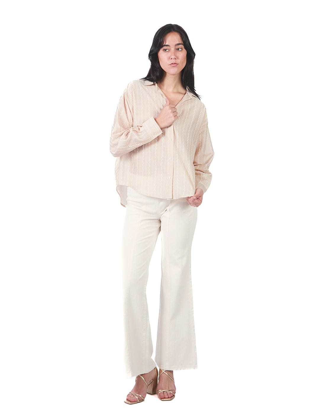 Blusa manga larga de cuello camisero de fit holgado BEIGE