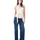 Blusa manga cero de cuello camisero envolvente de tela bordada HUESO