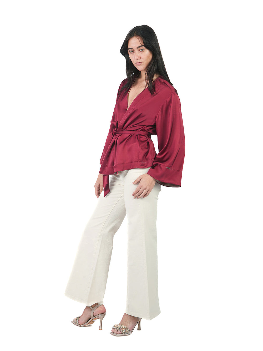 Kaftan manga larga de basta ancha reversible GRANATE