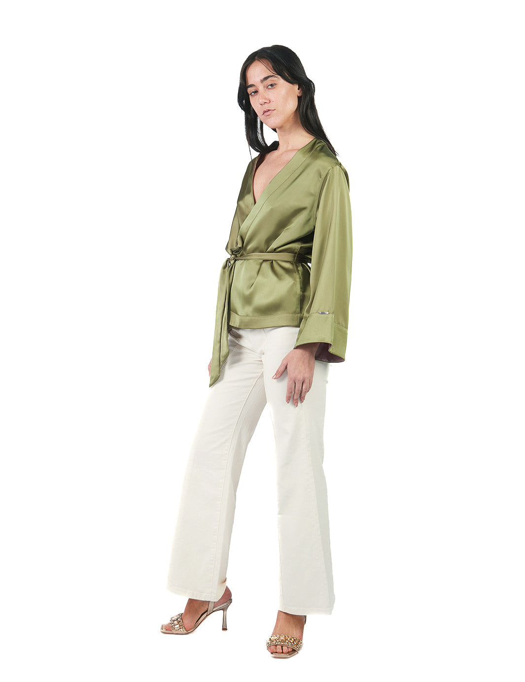 Kaftan manga larga de basta ancha reversible VERDE