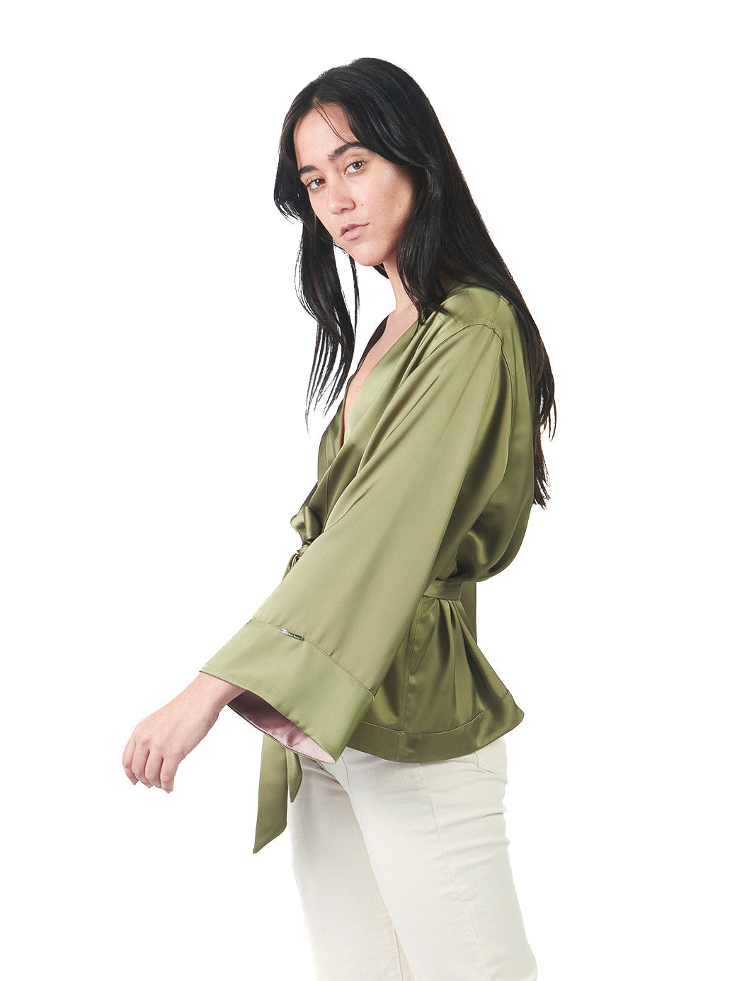 Kaftan manga larga de basta ancha reversible VERDE