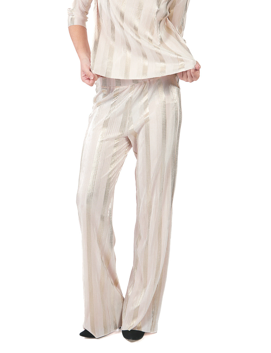 Pantalón recto de franjas doradas CREMA