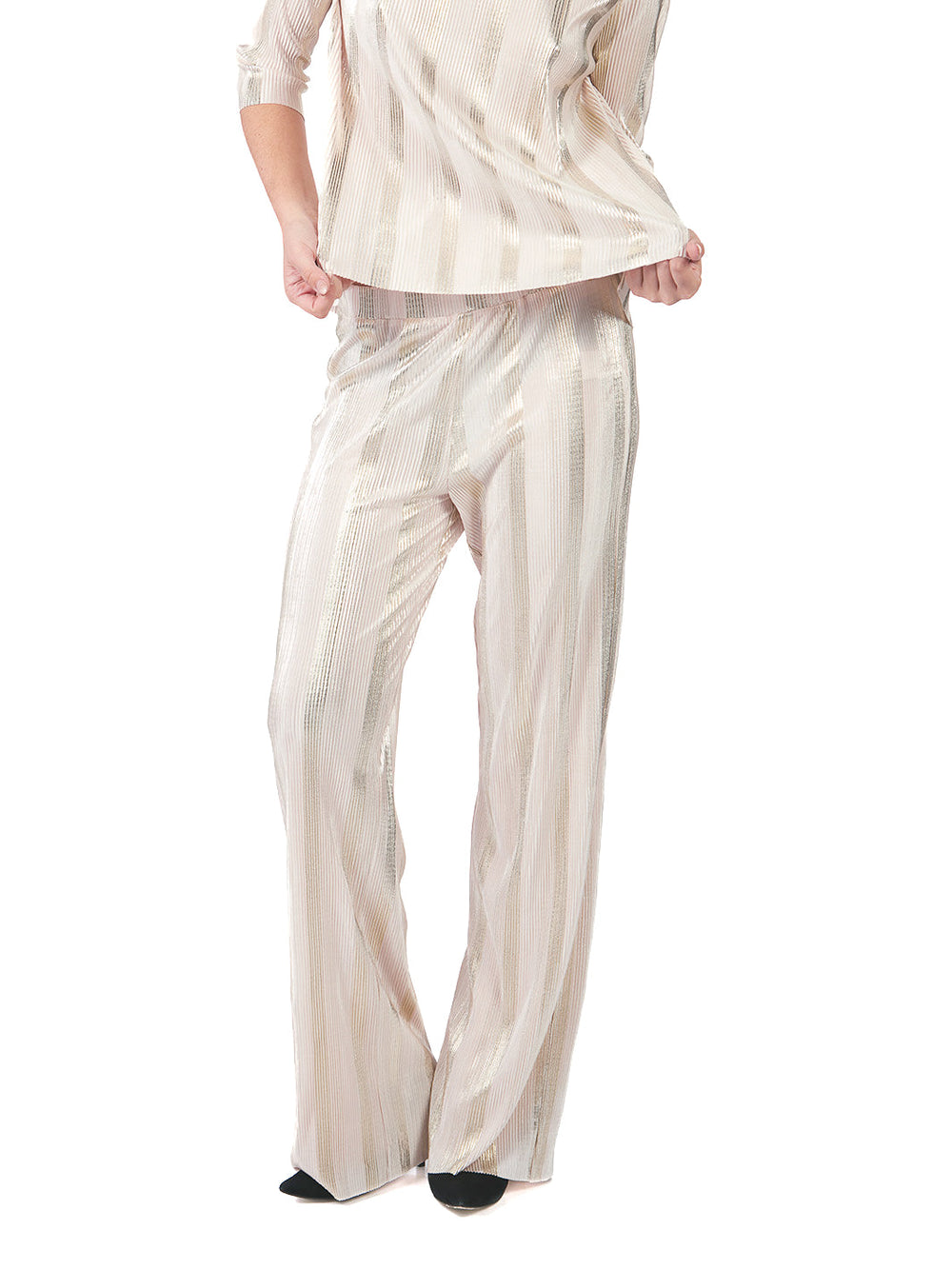 Pantalón recto de franjas doradas CREMA