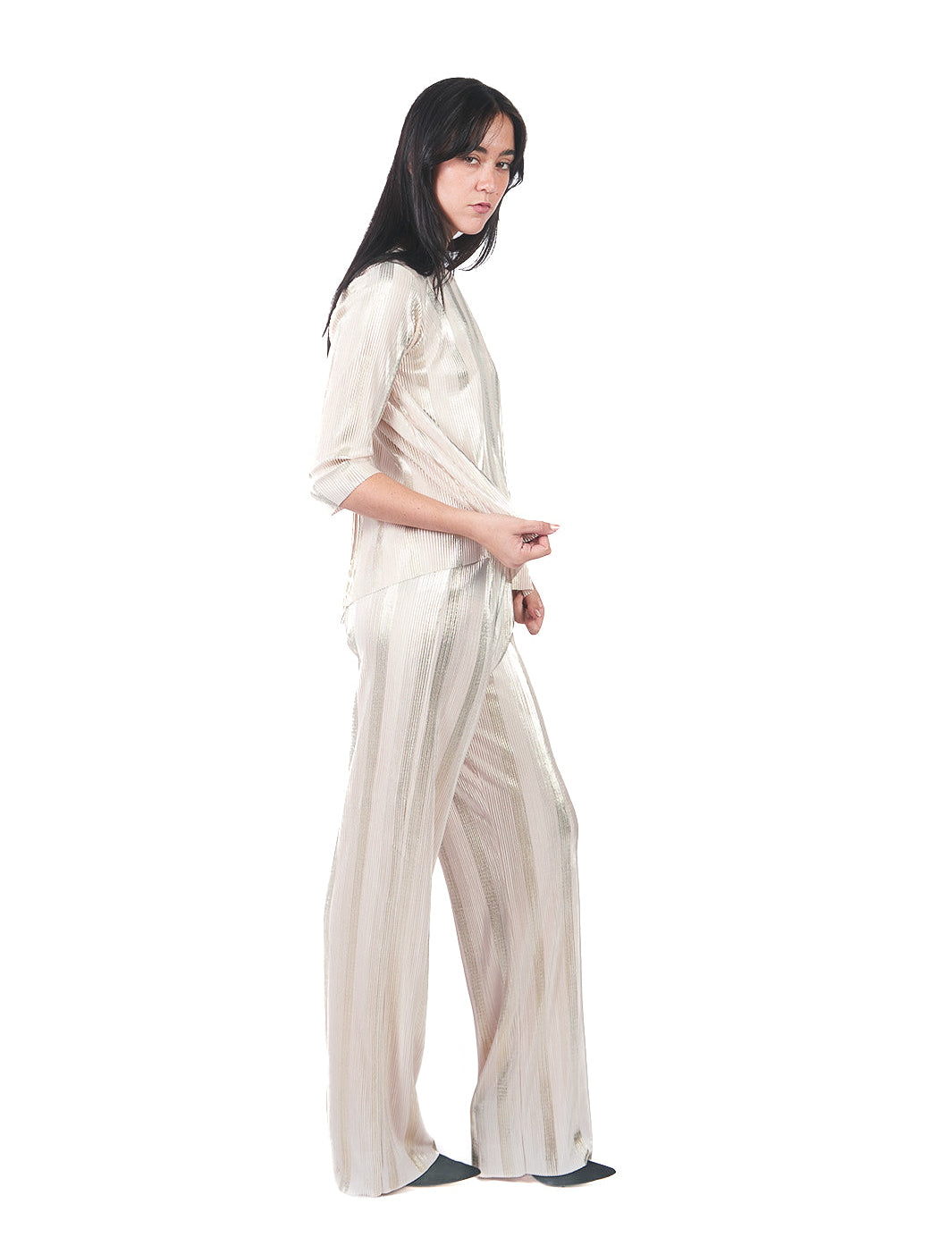 Pantalón recto de franjas doradas CREMA