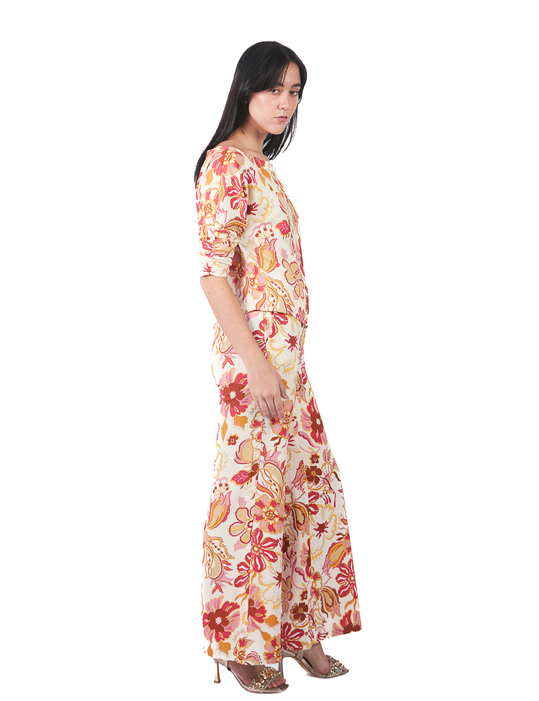 Pantalón semi wide leg estampado FUCSIA