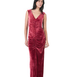 Vestido Largo Manga Cero Con Escote V Y Corrugado GRANATE