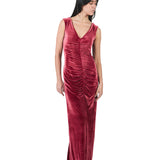 Vestido Largo Manga Cero Con Escote V Y Corrugado GRANATE