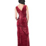 Vestido Largo Manga Cero Con Escote V Y Corrugado GRANATE